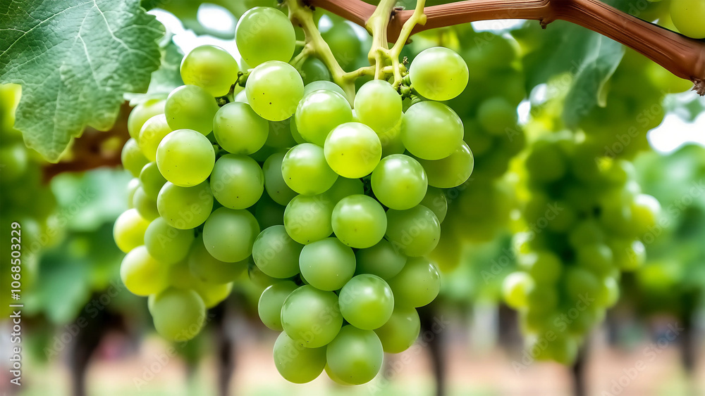 Close up of ripe green grapes shy muscat hanging on the vine in a vineyard ready for harvest. Close up of ripe green grapes shy muscat hanging on the vine in a vineyard ready for harvest.
