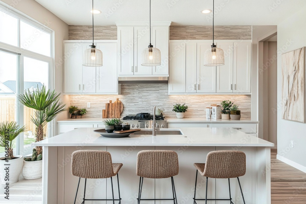 Modern Kitchen Island with White Cabinets and Pendant Lights Modern Kitchen Island with White Cabinets and Pendant Lights