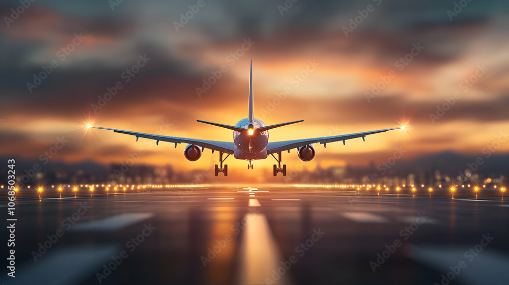 airport runway in the evening sunset light, ready for airplane landing airport runway in the evening sunset light, ready for airplane landing