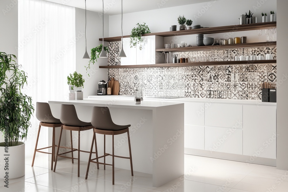Modern Kitchen Interior with White Cabinets and Patterned Tile Backsplash Modern Kitchen Interior with White Cabinets and Patterned Tile Backsplash