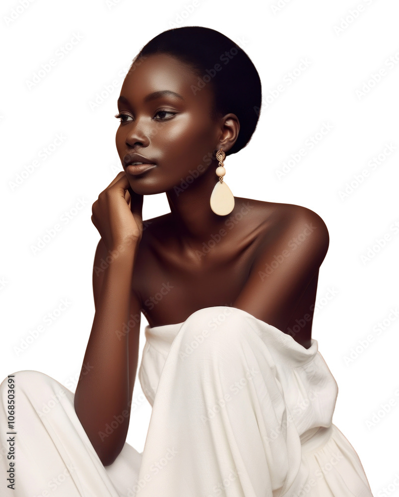 A black woman wearing white minimal dress and white minimal earring photography portrait jewelry.