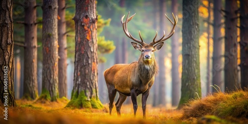 Majestic brown deer standing among tall trees in autumn forest light. Generative AI