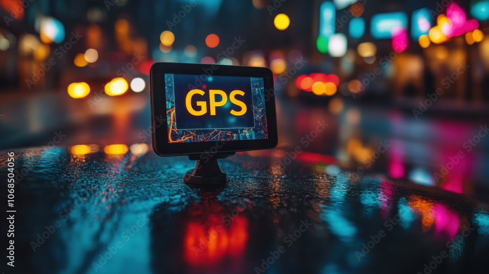 GPS device showing map on car dashboard at night, urban street with bokeh lights, navigation and direction, travel technology, illuminated screen, road guidance GPS device showing map on car dashboard at night, urban street with bokeh lights, navigation and direction, travel technology, illuminated screen, road guidance