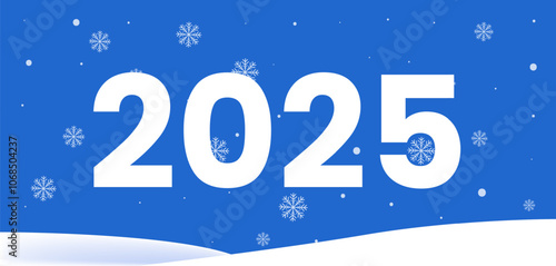 2025 Winter Christmas Banner Background. Vector snowflake design featuring falling snow and snowdrifts on a paper abstract pattern.