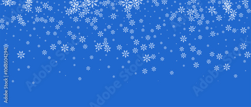 Winter background vector with falling snow and snowflake pattern. Blue sky holiday scene with ice texture and white flakes. Simple frozen banner design.