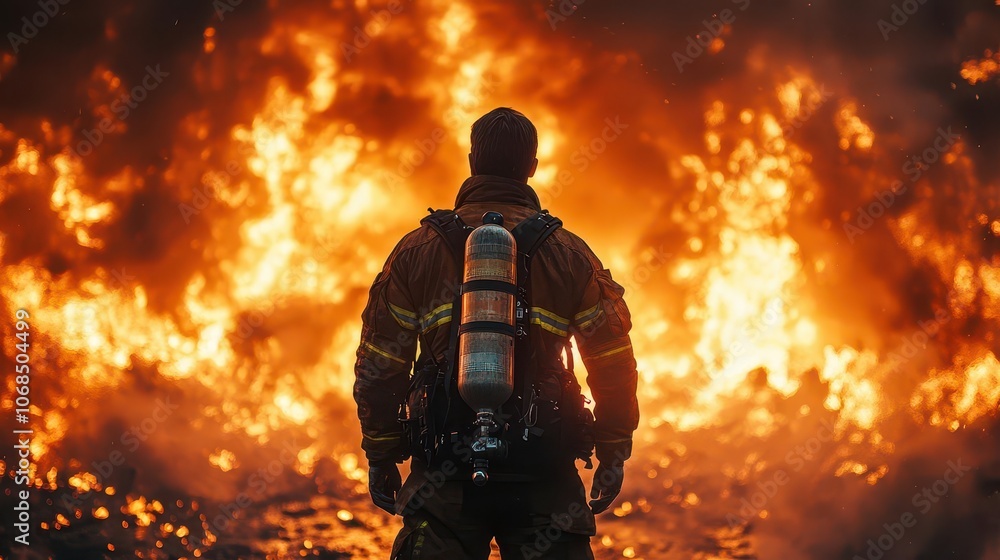 back view of a firefighter clad in uniform, standing resolutely against a fiery backdrop, symbolizing bravery and dedication in the face of danger