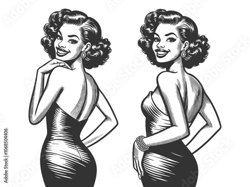 glamorous woman smiling over her shoulder, confidence and charm, classic beauty sketch engraving generative ai fictional character vector illustration. Scratch board imitation. Black and white image