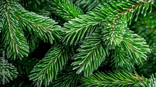 Lush green evergreen branches covered with a light frost, showcasing the intricate texture and vibrant color of the foliage.