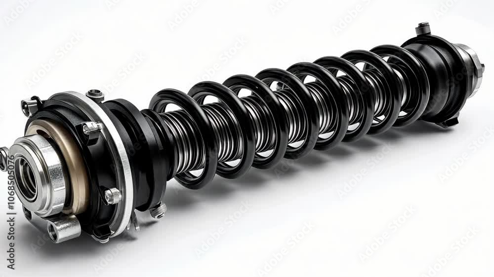 A black coil spring and shock absorber for a car is laid on a white surface