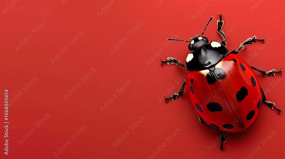Fototapeta premium A red ladybug sits on a red background. The ladybug has black spots on its back and white spots on its head. The ladybug is facing the viewer.