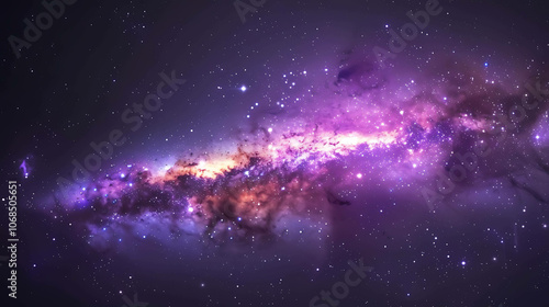 The image is a beautiful space-themed background. It features a purple and pink-colored nebula with stars scattered throughout. photo