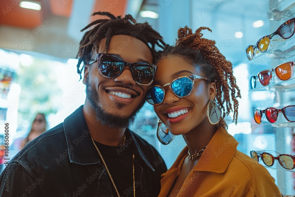 Stylish Love: A Joyful Couple Poses Together, Showcasing Trendy Sunglasses and Radiating Happiness in a Bright, Trendy Store Environment