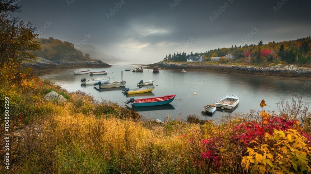 Fototapeta premium Foggy November morning over an Atlantic bay with boats, symbolizing the calm of the season