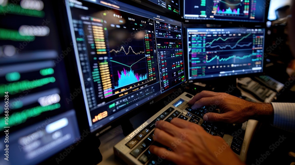 Financial Analyst at Work with Stock Charts on Screens Financial Analyst at Work with Stock Charts on Screens