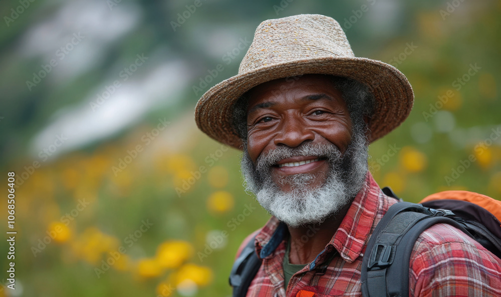 Smiling elderly man hiking in mountains, wearing straw hat, nature background with flowers, outdoor adventure, senior enjoying travel, peaceful and vibrant scene, trekking Smiling elderly man hiking in mountains, wearing straw hat, nature background with flowers, outdoor adventure, senior enjoying travel, peaceful and vibrant scene, trekking