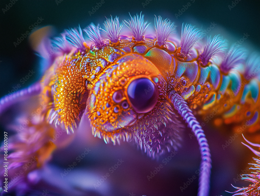 An AI-generated extreme macro image of a caterpillar, revealing its bright, intricate patterns and textures. An AI-generated extreme macro image of a caterpillar, revealing its bright, intricate patterns and textures.