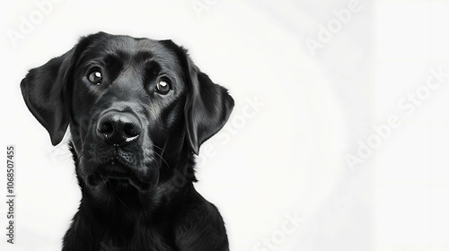 A beautiful black Labrador Retriever sits on a white background. The dog has a gentle expression on its face and is looking up at the camera. photo