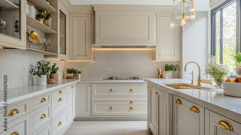 Modern Kitchen Interior with White Cabinets and Gold Accents Modern Kitchen Interior with White Cabinets and Gold Accents