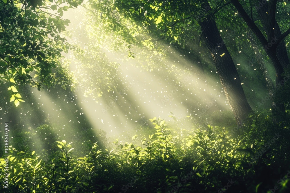 Fototapeta premium The bright sun is shining beautifully through the tall trees in the forest