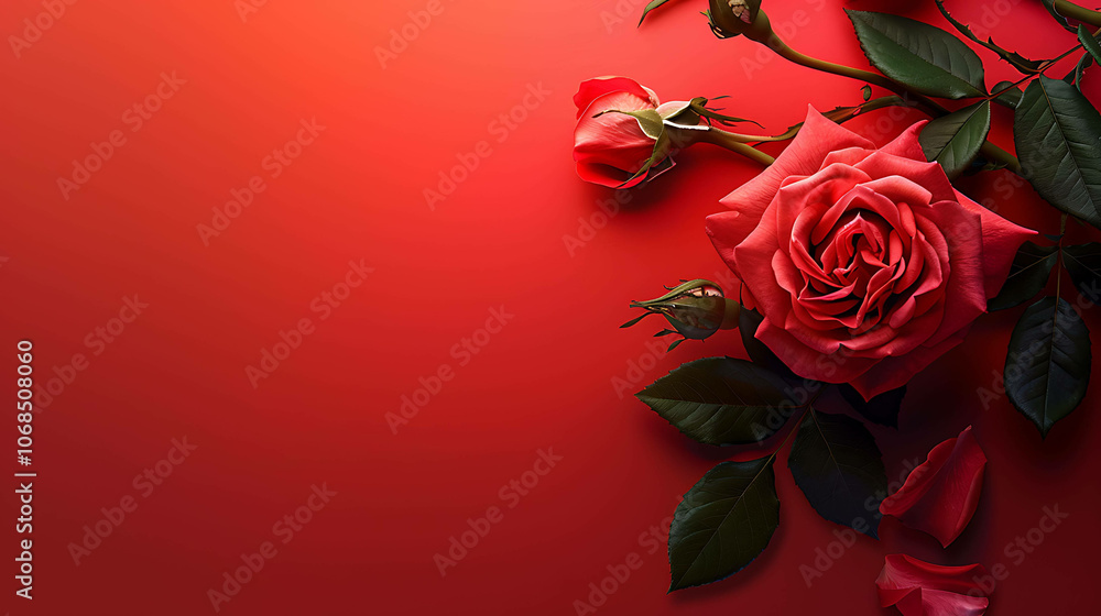 Red rose on a red background. The rose is in full bloom with velvety petals. The stem is green with dark green leaves. There are two buds on the stem.