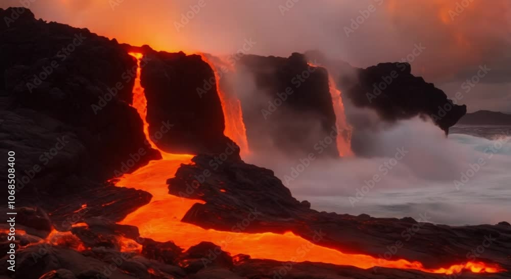 Volcano Erupting with Lava Cascading Over the Edge Volcano Erupting with Lava Cascading Over the Edge