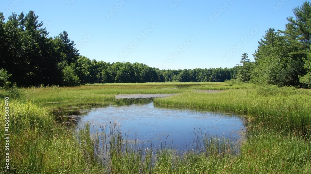A peaceful marshland with tall grasses and a clear blue sky A peaceful marshland with tall grasses and a clear blue sky