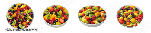 Vibrant bowl filled with an assortment of fresh, healthy fruits arranged on a clean white background, showcasing colorful textures and natural appeal.