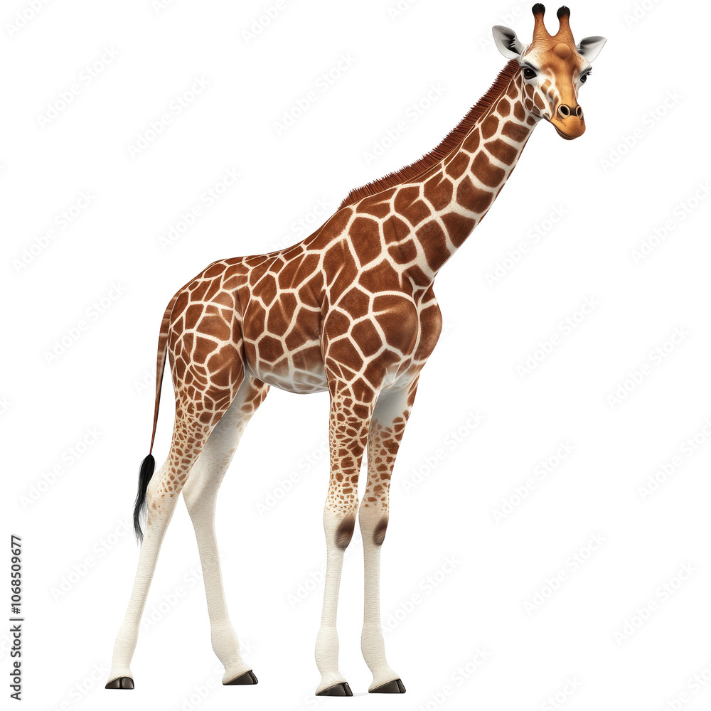 Naklejka premium Giraffe in a minimalist setting, showcasing its unique features and elegance against a clean white backdrop, 3D artistic representation.