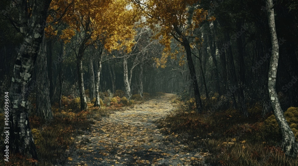 Path through a forest by the Atlantic shore with fallen leaves, representing the season charm Path through a forest by the Atlantic shore with fallen leaves, representing the season charm