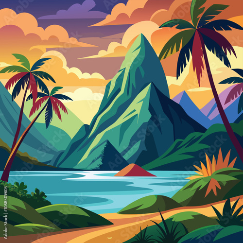Tropical mountain landscape illustration vibrant palette travel poster serene getaway