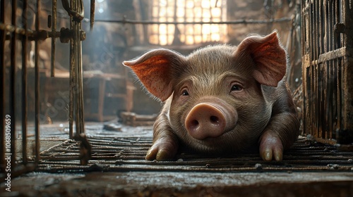 A piglet lying on hay in a dimly lit cage, bathed in cold and warm light, creating a dramatic, melancholic atmosphere. The piglet's eyes reflect innocence and solitude, surrounded by metal bars photo