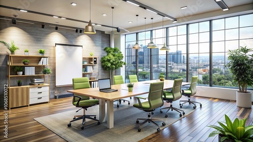 Modern Office Interior Featuring a Large Whiteboard on Wall, Clean Design, Collaborative Space, Bright Lighting, Minimalist Aesthetics, Creative Workspace, Professional Environment