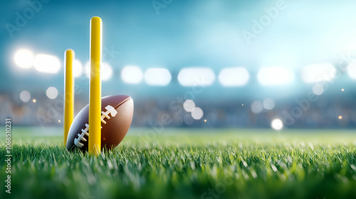 American football stadium with yellow goal post, grass field and blurred fans at tribune view on sunny day photo