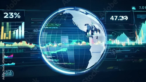 Digital Globe Showcasing Financial Data, Market Trends, and Analytics with Vibrant Graphs and Statistics for Engaging Economic Insights