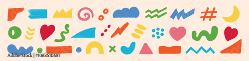 Hand-drawn vector set. Objects and shapes with playful scribbled crayon designs—doodles of charcoal geometric forms, organic shapes, hearts, clouds, and textured grunge brush effects.	
