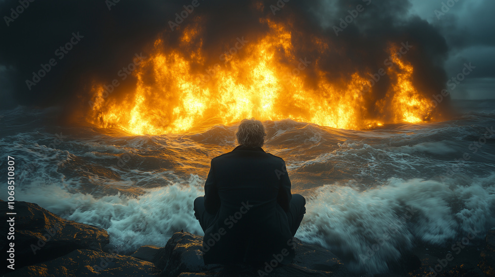 Seated on the shore, a man gazes at an ocean ablaze after an oil catastrophe, embodying the environmental fallout of unchecked fossil fuel extraction Seated on the shore, a man gazes at an ocean ablaze after an oil catastrophe, embodying the environmental fallout of unchecked fossil fuel extraction