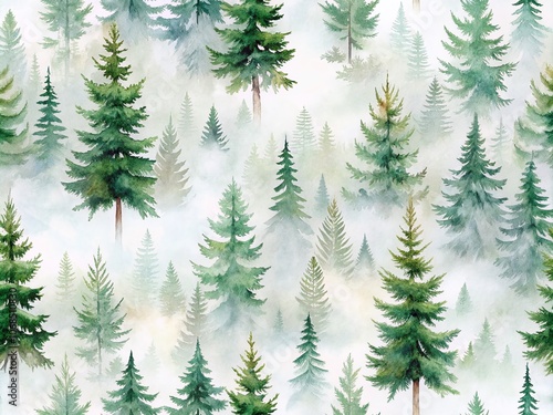 Modern Watercolour Seamless Pattern of Misty Pine Forest for Textiles and Home Decor, Eco-Friendly Design, Delicate and Elegant Aesthetic for Wallpaper and Fabrics