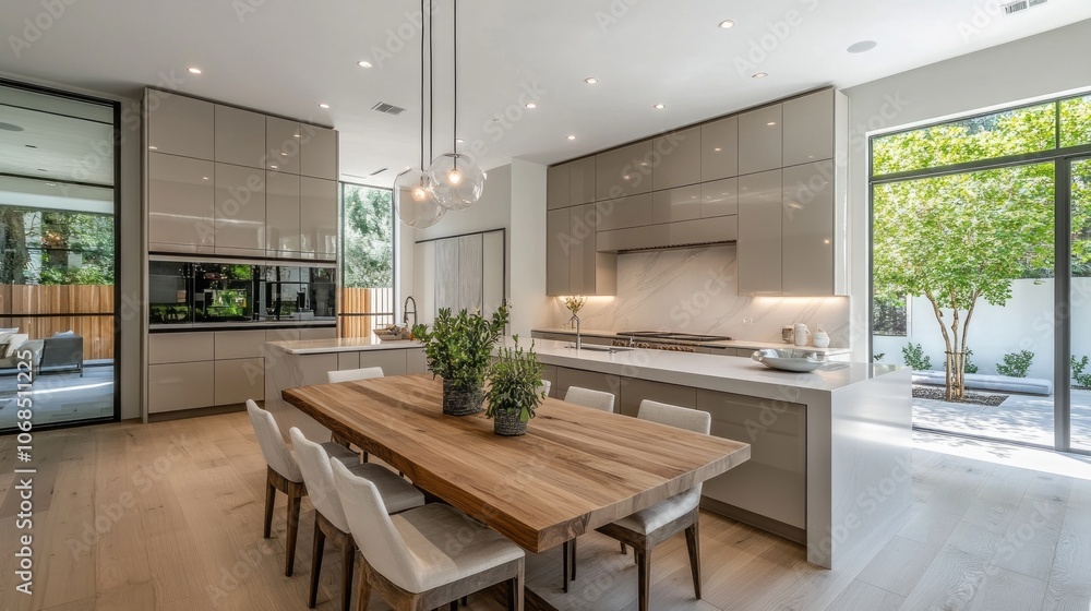 Modern Kitchen with Wooden Table and White Chairs Modern Kitchen with Wooden Table and White Chairs