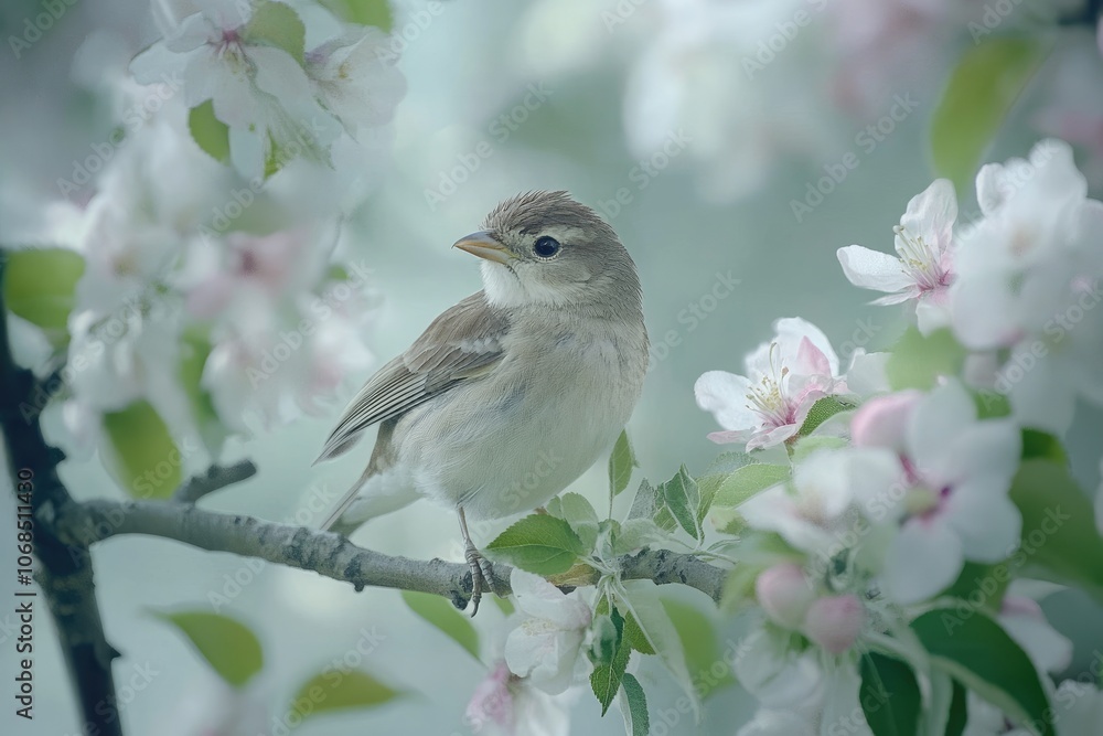 Fototapeta premium A beautiful little bird perched on the branch of an apple tree, surrounded by delicate white and pink blossoms.