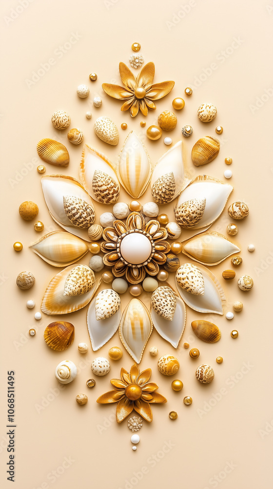 A beautiful floral design created using seashells and decorative beads in shades of gold and cream A beautiful floral design created using seashells and decorative beads in shades of gold and cream
