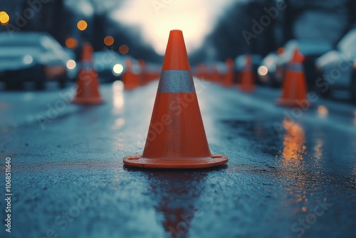 A single orange traffic cone in the middle of a wet urban road, with cars and streetlights in the distance