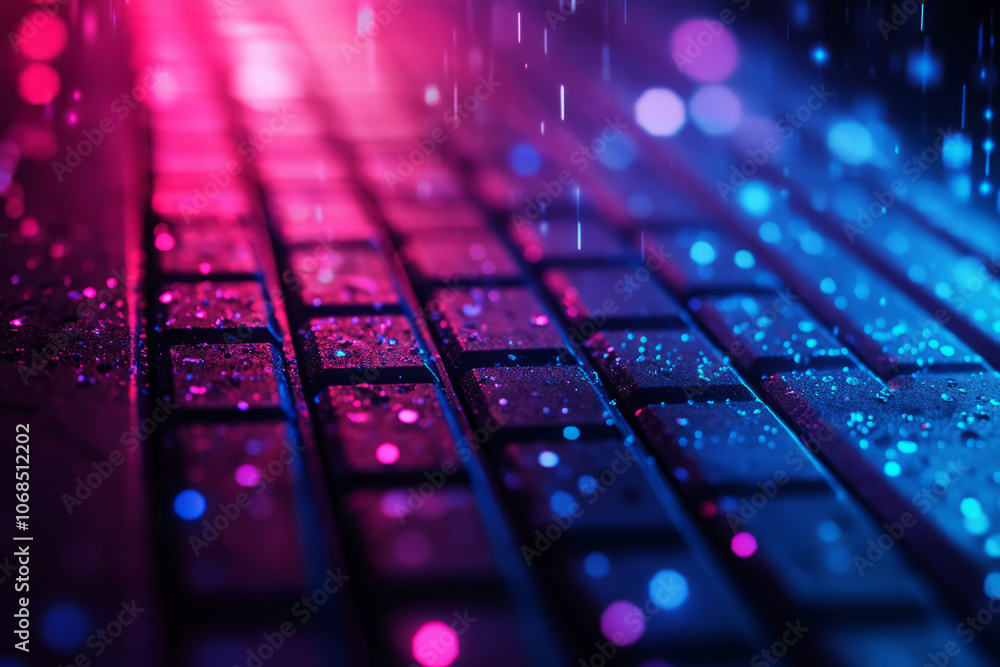 vibrant wet keyboard with neon lighting and water drops in pink and blue hues vibrant wet keyboard with neon lighting and water drops in pink and blue hues