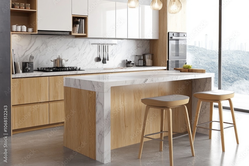 Modern kitchen island with marble countertop and two wooden bar stools Modern kitchen island with marble countertop and two wooden bar stools