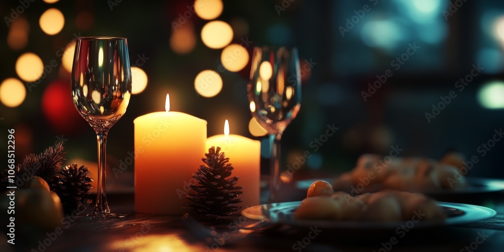 A cozy holiday table setting with candles and wine glasses. Soft lighting creates a warm atmosphere. Perfect for festive gatherings and celebrations. Enjoy memorable moments together. AI A cozy holiday table setting with candles and wine glasses. Soft lighting creates a warm atmosphere. Perfect for festive gatherings and celebrations. Enjoy memorable moments together. AI