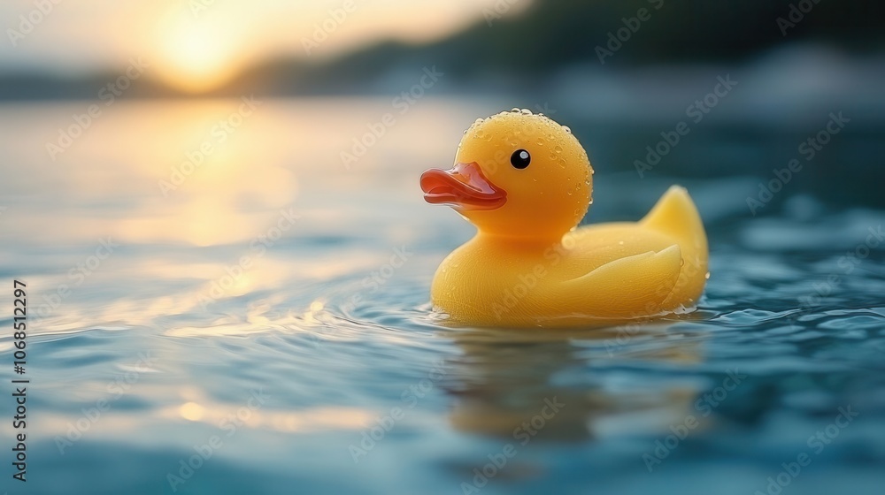 bright yellow rubber duck floating serenely on clear blue water, evoking a sense of calm and playful nostalgia, with gentle ripples around it reflecting sunlight bright yellow rubber duck floating serenely on clear blue water, evoking a sense of calm and playful nostalgia, with gentle ripples around it reflecting sunlight
