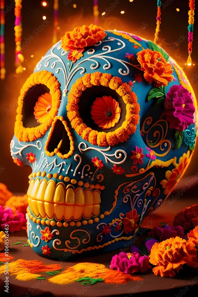 Fototapeta premium Día de los Muertos Celebration: Handcrafted Skull with Traditional Patterns