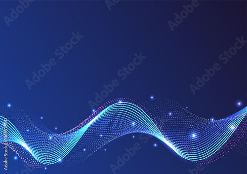 Abstract futuristic wave technology on dark blue background. Design for futuristic, fiber optic, wave, telecoms, digital, online, network, communication, connection.