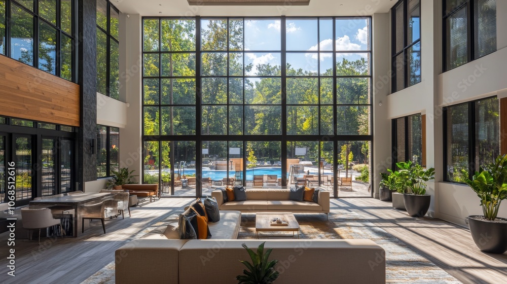 Modern Glass-Walled Living Room with Pool View Modern Glass-Walled Living Room with Pool View