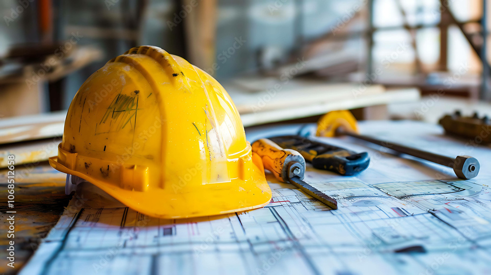 A yellow hard hat sits on top of a set of blueprints. The hard hat is well-worn and has a few scratches on it. A yellow hard hat sits on top of a set of blueprints. The hard hat is well-worn and has a few scratches on it.