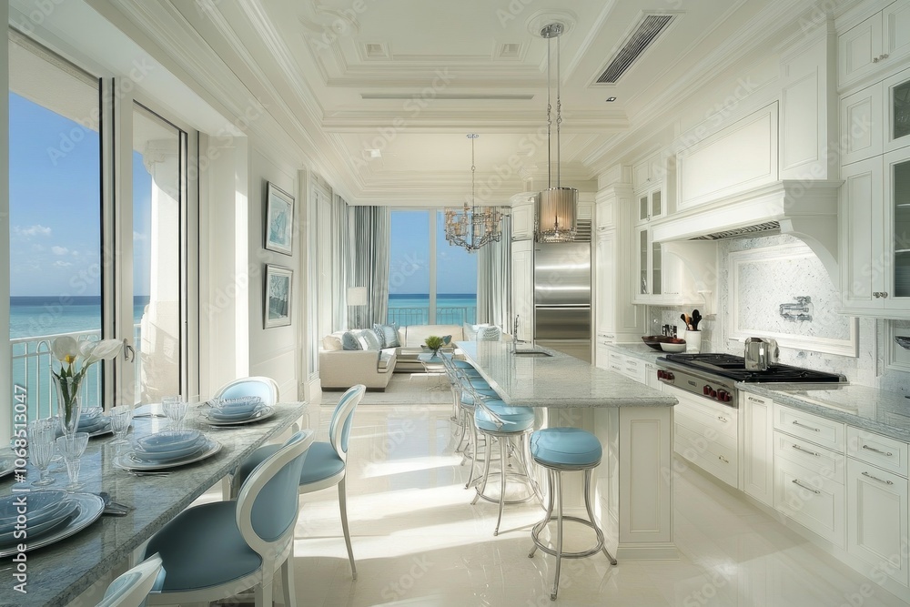 Fototapeta premium Modern Kitchen with Ocean View and White Cabinetry